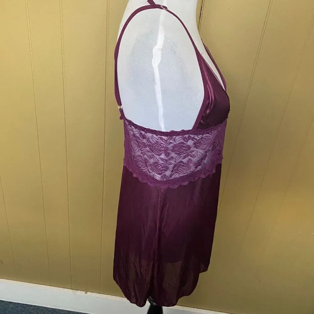 Women S adjustable spaghetti strap satin & lace lingerie nightgown purple